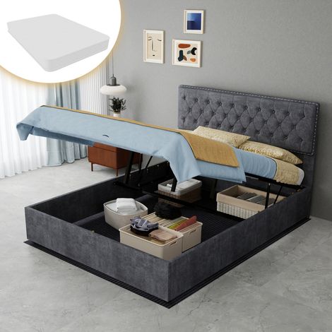 Letto contenitore moderno in velluto olandese grigio 140x200 cm con testiera alta, rete a doghe e materasso incluso