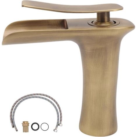 Bathroom sink faucet. Antique brass waterfall spout with a single spout. Under-counter mixer tap for hot and cold water. (1/5)