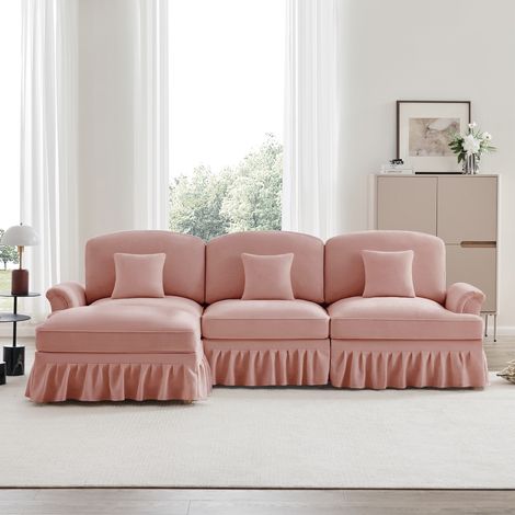 Divano angolare a L a 3 posti in stile medievale con contenitore, gonne plissettate rimovibili, pouf rimovibile e divano modulare - Rosa