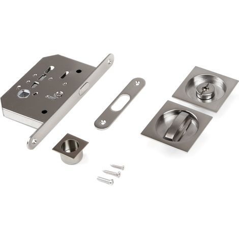 Emuca Kit de cerradura con condena cuadrada para puerta corredera, Acero, Níquel satinado