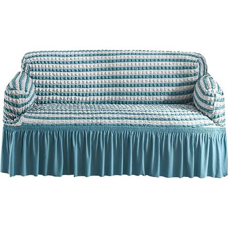 Housse de canapé universelle avec jupe - Housse de canapé 2 places - Tissu Seersucker lavable, hautement élastique et durable avec jupe - Style campagnard (midium, bleu blanc) (1/5)