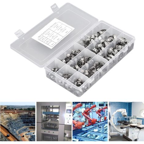 Colliers de serrage en acier inoxydable, 180 pièces, en boîte : colliers de serrage pour tuyaux, colliers de serrage à une oreille, colliers de serrage pour flexibles. (1/5)