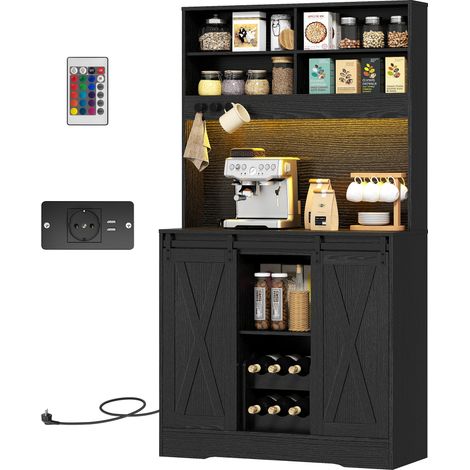 Buffet de cuisine haut de style rustique avec 2 placards, porte-bouteilles, prises de courant et éclairage LED, noir