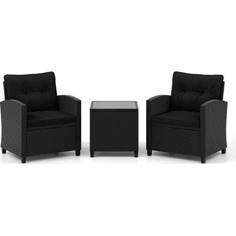 Salon de jardin noir 3 pièces en résine tressée avec cadre métal, table en verre trempé et coussins pour terrasse et balcon (1/5)