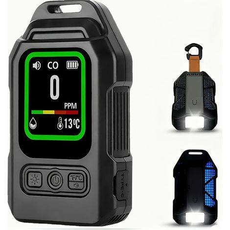 Detectador de CO Portátil 4 en 1 – Detector de Monóxido de Carbono con Sensores de Temperatura y Humedad, Alimentación por Pilas, Alarma de Alta Sensibilidad para Casa, Camping, Tienda y Vehículo (1/4)