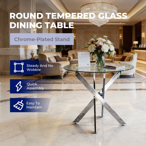 Table de cuisine ronde en verre trempé argenté 80x80x75cm, piétement métal croisé design, table à manger gain de place pour salon moderne.