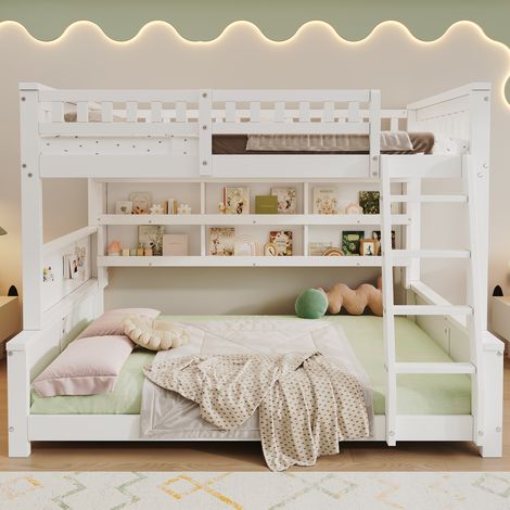 Lit superposé 120x200 et 140x200 cm, 2 couchages, séparable en 2 lits simples, doubles étagères, panneau perforé, échelle, pin et MDF, blanc (1/5)