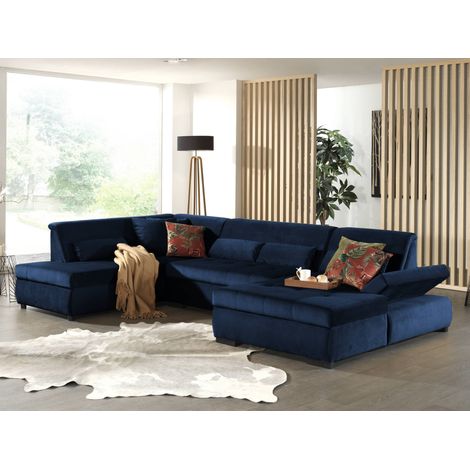 Lisa Design – Canapé panoramique d'angle gauche 7 places – XXL 335 cm – Revêtement velours bleu nuit – Confort optimal avec méridiennes