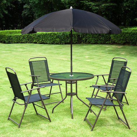 Outsunny Ensemble Salon de Jardin 6 pcs - Table Ronde + 4 chaises Pliables + Parasol - Acier époxy café textilène Polyester Noir (1/5)