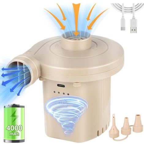 Electric Air Pump - Inflatable Mattress Inflator with 4000mAh Battery, Portable Cordless Inflatable Pool Inflator, USB Camping Electric Air Pump for Inflating Floats, Mattresses, and Swimming Pools (1/5)