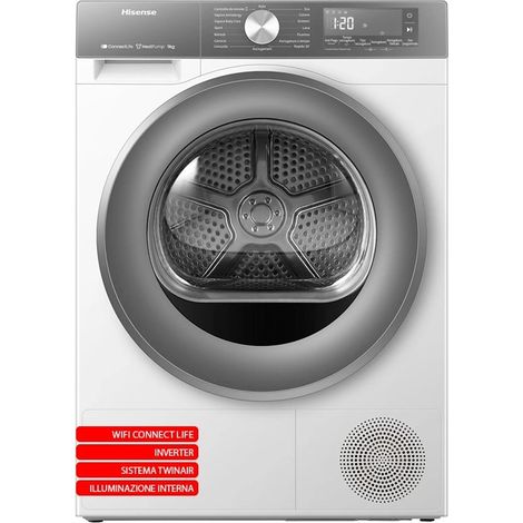Hisense DH3S902BWCCA Asciugatrice a Pompa Di Calore, 9Kg, WiFi, Porta Reversibile, Classe C