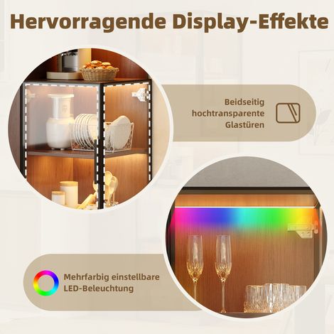 Vitrine 70x38x160 cm avec étagère coulissante – Meuble vitré double verre LED, armoire MDF noyer, rangement et exposition, colonne multifonctionnelle pour salon, salle à manger, cuisine (1/5)