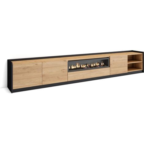 Skraut Home - Mueble TV, Televisión, 310x37x50cm, Para TV hasta 80", Chimenea eléctrica, Roble y negro (1/5)