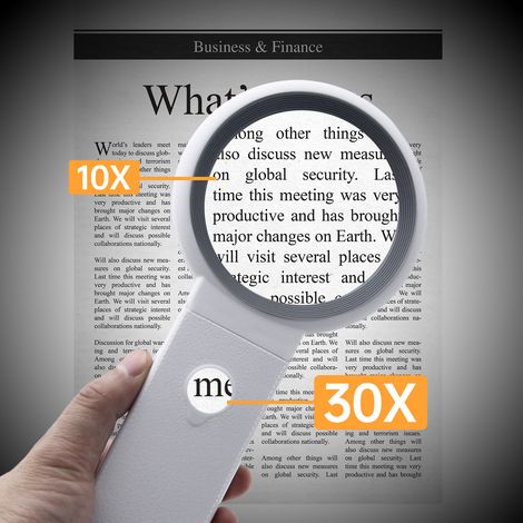 Loupe à main 30X 10X avec lumière LED, poignée pliable pour lire une page complète d'un livre, support de journal, 3 couleurs, excellent cadeau, basse vision, personnes âgées, pièces de monnaie, timbr (1/5)
