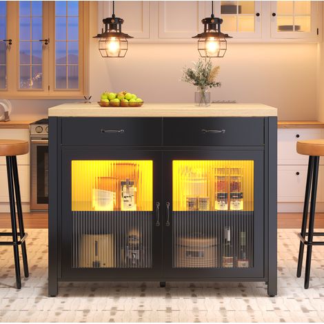 Isola cucina 100x80x90 cm in MDF nero con anta in vetro, LED e cassetti - CHICFURN (1/5)