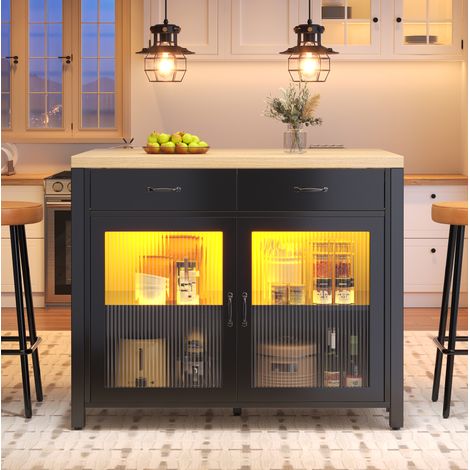 Kücheninsel 100x80x90 cm schwarz aus MDF und Glas mit 2 Schubladen, Glastür und verstellbaren Füßen (1/5)