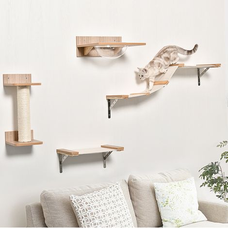 Wand-Kratzbaum 4-teilig mit Acryl-Hängematte, Sisal, helles Holz OKMYHOME (1/5)
