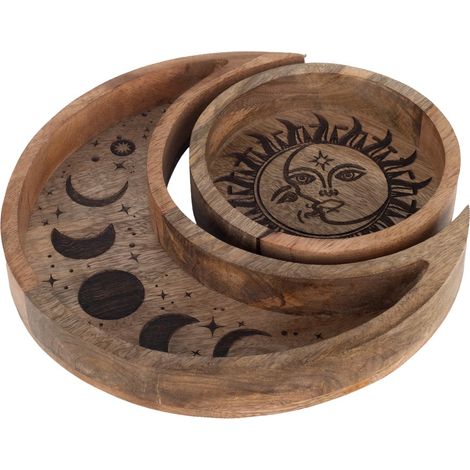 Lot de 2 plateaux décoratifs Soleil et Lune pour la maison, design ethnique, idéal pour la décoration de table et les cadeaux. (1/4)