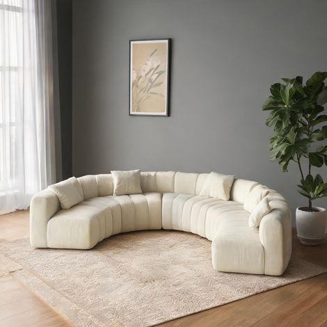 Sofa modulaire incurvé en chenille beige avec 2 coussins