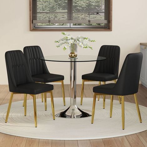 Table et Chaises de Salle à Manger 85 cm Table en verre de sécurité 4 Chaises PU noir pieds dorés Table ronde style minimaliste (1/5)