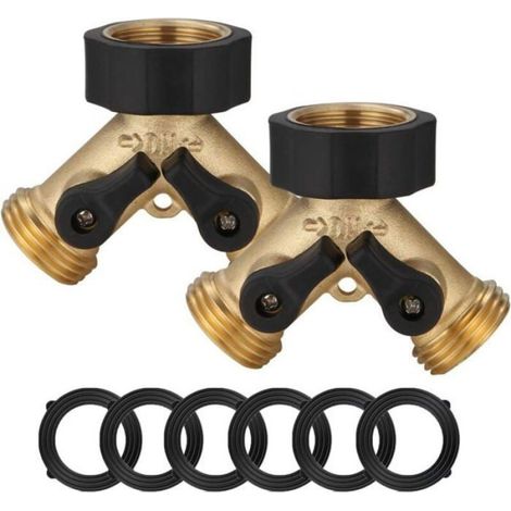 Répartiteur Tuyau Arrosage - Raccord Y 2 Voies - Laiton - Diamètre 19 mm - Pour Robinet Jardin Pelouse - Lot de 2 (1/4)