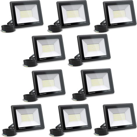 Lot de 10 Projecteur LED Extérieur 100W, Super Lumineux 8140LM Spot LED Extérieur, 6500K Blanc Froid, IP66 Étanche, Éclairage Mural pour Jardin, Garage, Couloir, Aire de Jeux, Sans Prise