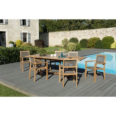 HARRIS - SALON DE JARDIN EN BOIS TECK 8/10 pers - 1 Table rectangulaire extensible 180/240100 cm - 6 fauteuils empilables taupe (1/5)