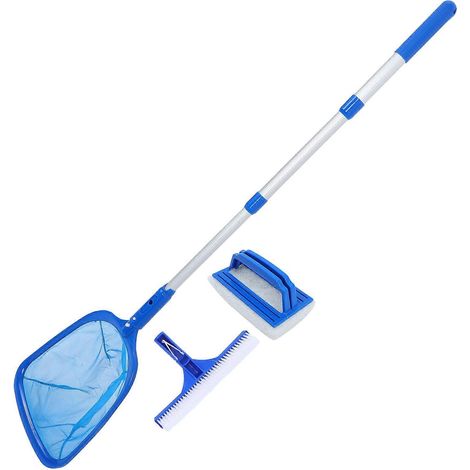 Ce kit de nettoyage pour piscine comprend une brosse de nettoyage, une éponge, une épuisette, un sac de rangement et une perche télescopique. Il est adapté au nettoyage des piscines gonflables. (1/5)