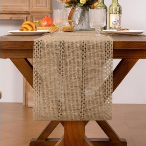 Chemin de table macramé beige avec pompons - Dentelle au crochet - Pour décoration bohème, mariage, fête, table à manger - Beige - 240 x 30 cm