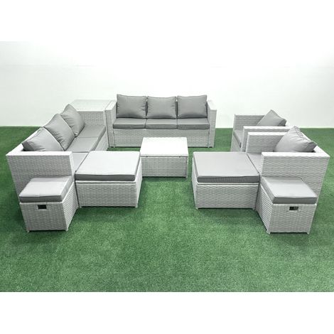 Fimous Salon de Jardin Exterieur en Résine 12 places avec Canapé 4 Tabourets Table d'appoint Gris clair mixte (1/5)