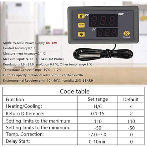 Contrôleur de température numérique 12 V CC 20 A, thermostat de chauffage/refroidissement avec sonde NTC étanche 10K, plage de température de -50 °C à 110 °C. (1/3)