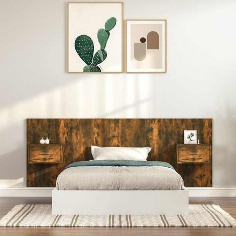 vidaXL Cabecero de cama con mesitas madera contrachapada roble ahumado (1/5)