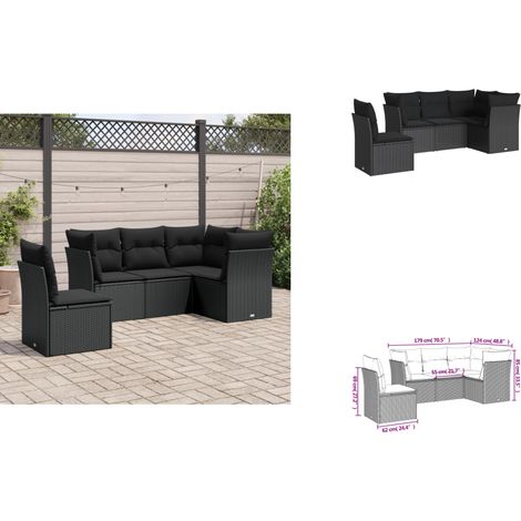 The Living Store Salon de jardin 5 pcs avec coussins noir résine tressée - Canapé extérieur (1/3)