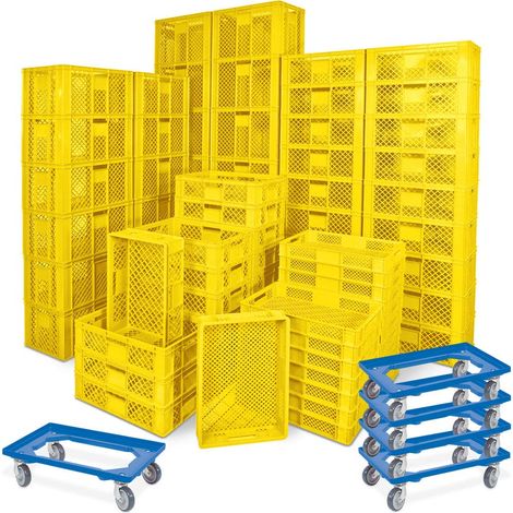 BRB 78 Stück Stapelkörbe/Bäckerkästen in 5 Größen, Grundmaß LxB 600x400 mm, H 90 mm, 150 mm, 240 mm, 320 mm, 410 mm, + 5x Transportroller blau (gelb)