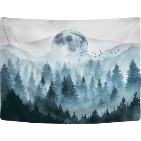 Psychedelic Landscapes Wall Tapestry - Forest in Fog - Infinite Mountains - Dark Blue - Sunshine - Wall Tapestry for Bedroom - 210 x 150 cm (1/4)