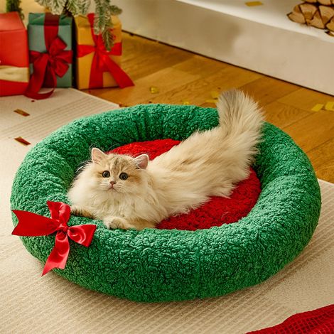 Nid Pour Animaux - Coussin Rond Chaud Pour Chats Et Chiens - Design Festif Rouge Vert - Pour Animaux De Petite Et Moyenne Taille - 40x40x12 cm - 1 Pièce (1/5)