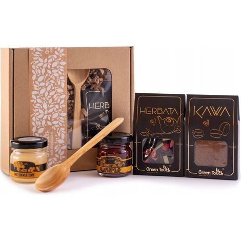 Caja de regalo con té y café, miel negra y dorada, mermelada y cuchara. (1/5)
