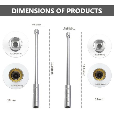 Douille à bougie extensible 14 mm et 16 mm, paroi mince 12 pans, entraînement 3/8". Outil d'extraction compatible avec bougies d'allumage. (1/5)