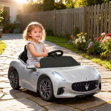 Maserati Gran Turismo Folgore 12V Elektro-Kinderauto, Zweimotoriges Elektro-Kinderauto mit Sanftanlauf, Stützrädern, Fernbedienung, Sicherheitsgurt, Musik, Hupe und Scheinwerfern, 3–5 km/h, Grau