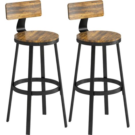 Lot de 2 tabourets de bar rustiques avec repose-pieds, bois et métal, 37 x 47 x 96 cm, marron (1/4)