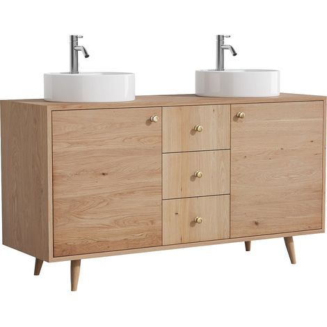 Mobile bagno in rovere massello con lavabo da appoggio rotondo e rubinetto Naturale chiaro 145 cm - ZARENO (1/4)