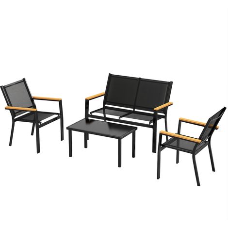 4-teiliges schwarzes Gartenmöbelset: 2-Sitzer-Sofa, 2 Sessel, Couchtisch aus gehärtetem Glas