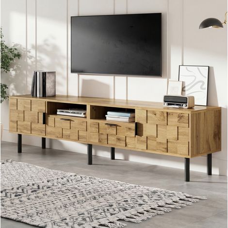 Meuble TV 160x35x42,5 cm en bois naturel et noir, avec rangement pour salon FloraGrace (1/5)