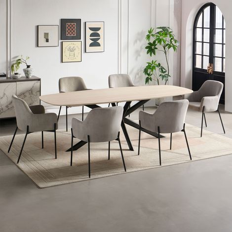 Ensemble table 200 cm effet travertin + 6 chaises velours côtelé gris
