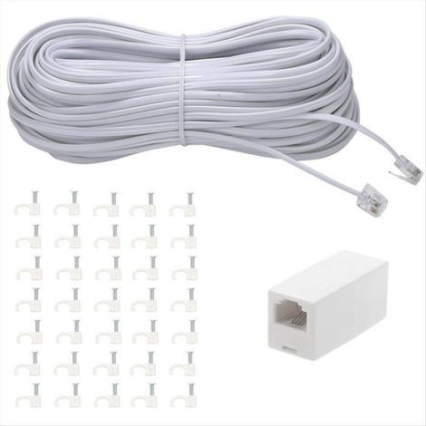 Rallonge Téléphonique - 30,5 M - RJ11 - 26 AWG - Avec Coupleur et 35 Supports - Blanc (1/5)