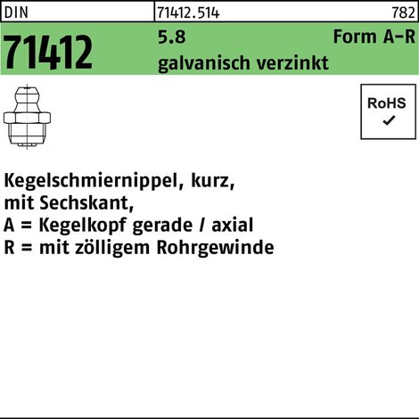 DIN 71412 Kegelschmiernippel 5.8 R 1/4 SW 14 galv. verzinkt Sechskant 50 Stk (1/2)