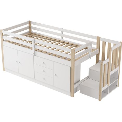 Weißes Kinder-Hochbett 90 x 200 cm mit Treppe, Schubladen, 2 Stauräumen und Kleiderstange (1/5)