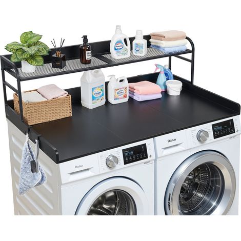 Comptoir pour Lave Linge et Sèche Linge avec Étagère, Plan de Travail pour Machine à Laver 137x69,9 cm, pour Rangement Aménagement Buanderie, Plateau en Bois avec Rebord et 2 Crochets, Noir (1/5)
