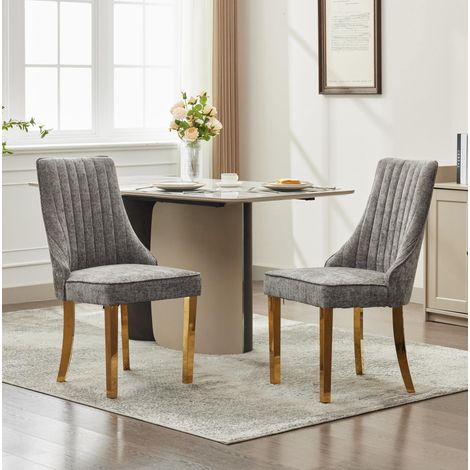 Silla de comedor de chenilla gris con respaldo alto y patas doradas de acero inoxidable,65×50×95cm (1/5)