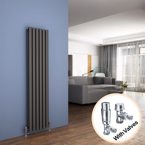 ELEGANT 1600 x 354mm Anthracite Designer Radiator Double Panel Oval Column Vertical Central Heating Rad + Chrome Thermostatic Radiator Valves (1/5)